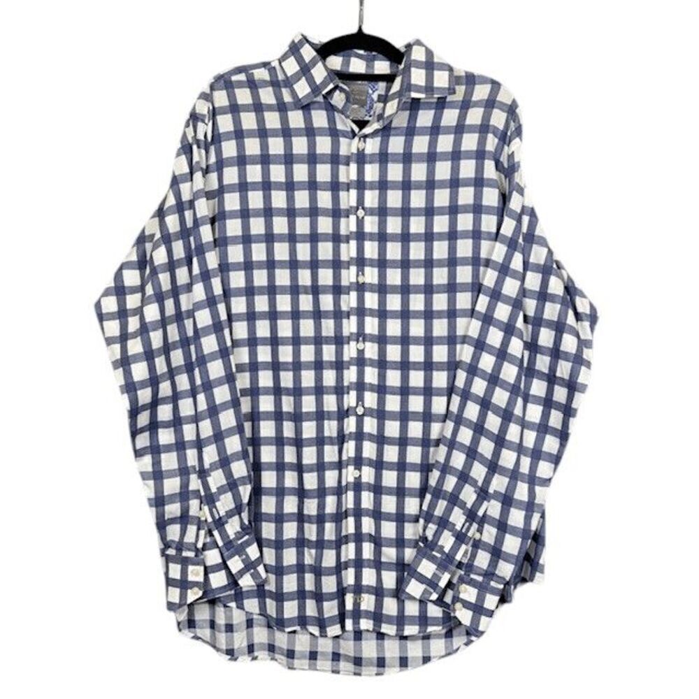 Thomas Dean Plaid Button Front Shirt Navy Blue White Check XL Long Sleeve Cotton